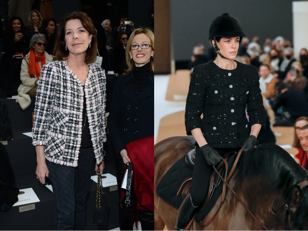 Las chaquetas de tweed son prendas fetiche de la maison. Carolina de Mónaco la luce en 2013 para la presentación de la colección otoño-invierno junto a su confidente Lagerfeld. En cambio, Carlota abrió el desfile de la firma demostrando su afición por la hípica en la colección primavera-verano de este año. 
