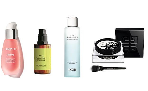 Darphin. Intral sérum de rescate Inner Youth (68 €). Cristina coma. Bálsamo limpiador Inicia (31 €). Dior. Agua micelar L'Eau démaquillante (39 €). Givenchy. Le Soin Noir Masque Blanc Noir Nu Skin (256 €)