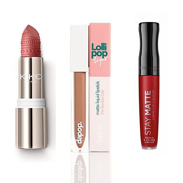 Festival Glow No Transfer Matte Lipstick de Kiko (9,99 euros), Labial Liquido LolliPop Lips de Dapop (2,66 euros y Stay Matte Liquid Lip Colour de Rimmel London (7,50 euros).