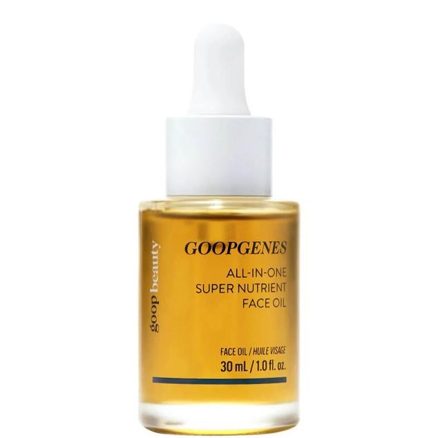Goopgenes All-In-One Super Nutrient Face Oil de Goop  es un aceite que disminuye la apariencia de líneas de expresión y arrugas, reafirma, alisa y rellena la piel, potenciando la hidratación, el resplandor, la suavidad y la elasticidad. Todo, gracias al bakuchiol alternativa natural menos irritante del retinol, el cacay rico en vitamina A y el amla orgánico cargado de vitamina C. También repara el daño y la barrera cutánea, unifica el tono, reduce las manchas y energiza para disfrutar de un aspecto revitalizado y juvenil al instante.