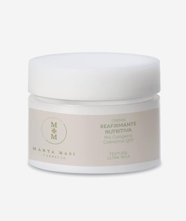 La crema  Reafirmante Nutritiva de Marta Masi  rica y super hidratante, alisa, contornea y reafirma el rostro, a la vez que lo revitaliza con su acción iluminadora. Tiene altas propiedades antiedad al contar con pro colágeno favorecedor de la elasticidad, el relleno y la hidratación, así como coenzima Q10 que potencia la energía celular para combatir el daño provocado por el envejecimiento.