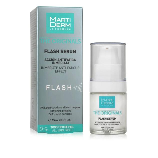 Para reavivar el aspecto en cuestión de minutos, solo necesitas The Originals Flash Serum de Martiderm. Se trata de un sérum con acción antifatiga inmediata que libra del estrés y el cansancio a la piel, mientras hidrata en profundidad, reafirma, perfecciona y desvela una tez radiante a través de la combinación de ácido hialurónico, silicio y proteínas tensoras. Cómpralo aquí