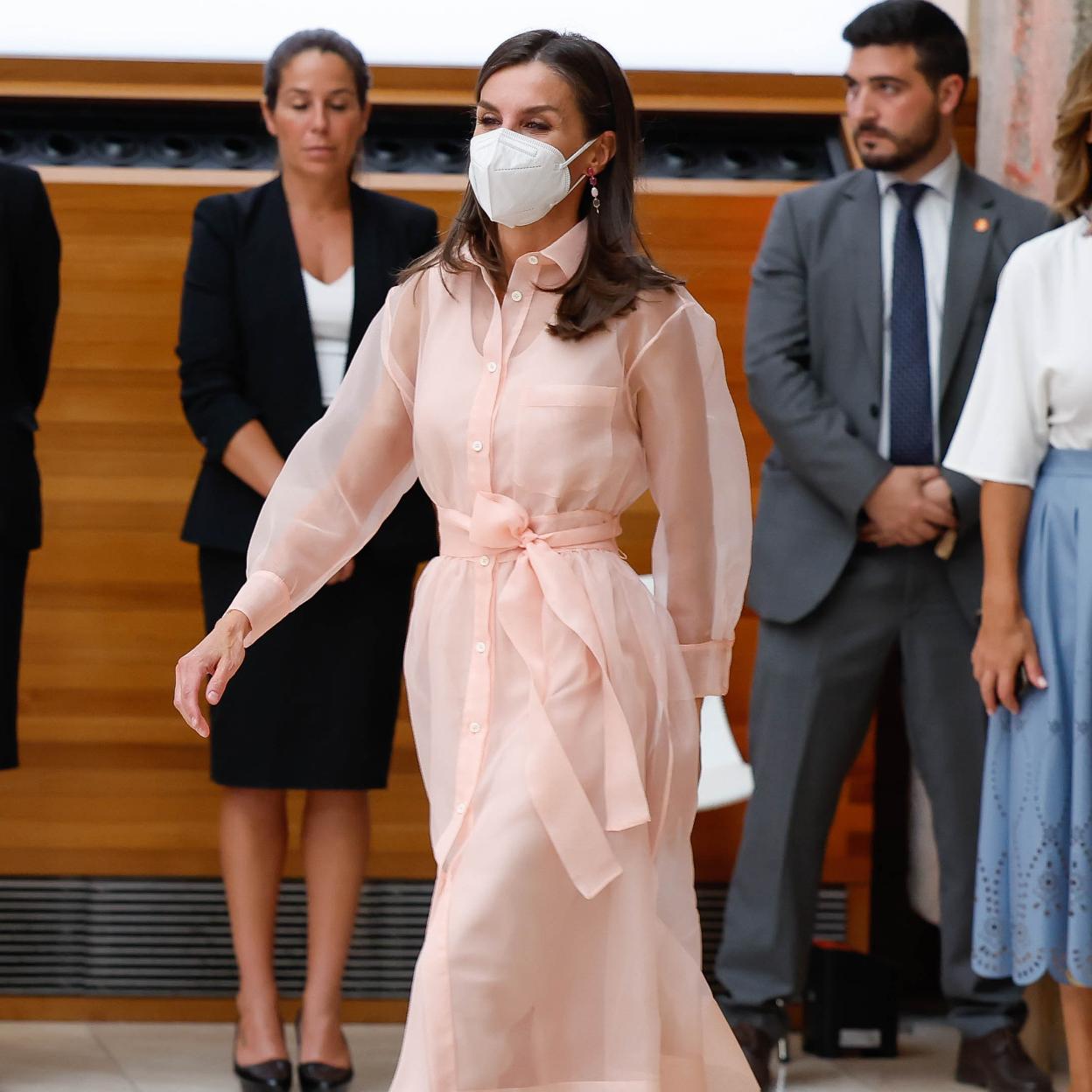 La reina Letizia optó por un vestido camisero de tul y de color rosa pálido para la entrega de los Premios Nacionales de Cultura 2020. 