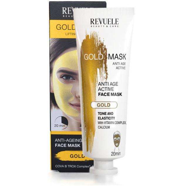 Gold Anti Age Active Face Mask de Revuele contiene el complejo activo COVA B TROX capaz de conseguir un efecto lifting inmediato. Esta mascarilla dorada está formulada con colágeno hidratante, redensificante y potenciador de la elasticidad, vitamina B5 regeneradora y ácido hialurónico rellenador que tersa y mejora la firmeza y el aspecto de las arrugas. Cómpralo aquí
