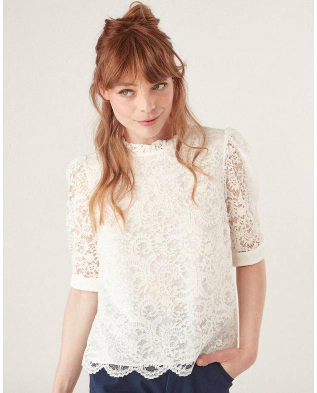 Blusa de encaje con cullo subido con volante, manga corta abullonada, bajo festoneado y forro a tono, en color blanco, de Naf Naf. La encontrarás con descuento en El Corte Inglés por 27,90 euros.