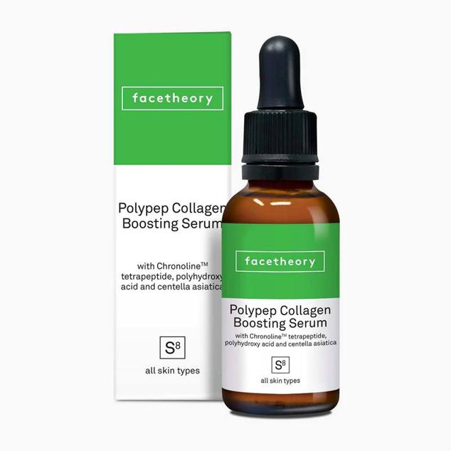 Polypep Collagen Boosting Serum de Facetheory mejora las líneas de expresión y arrugas en tan solo 28 días, gracias a sus péptidos impulsores del colágeno. También contiene gluconolactona para afinar la textura, alisar la piel y combatir el aspecto opaco, así como centella asiática regeneradora y té verde y camomila calmantes y con gran poder antioxidante.