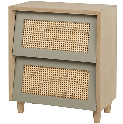 Una mesa de noche con doble espacio para almacenaje.