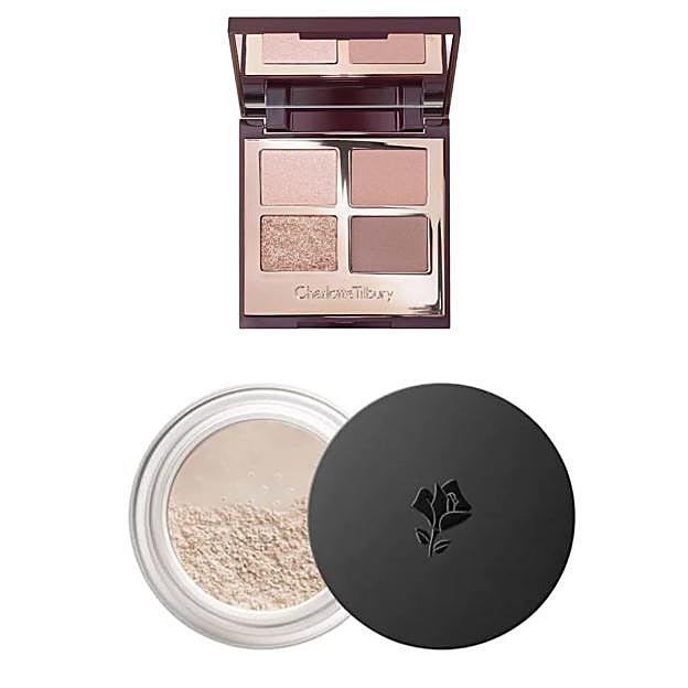 Paleta de sombra de ojos de Charlotte Tilbury y polvos matificantes de Lancôme. 
