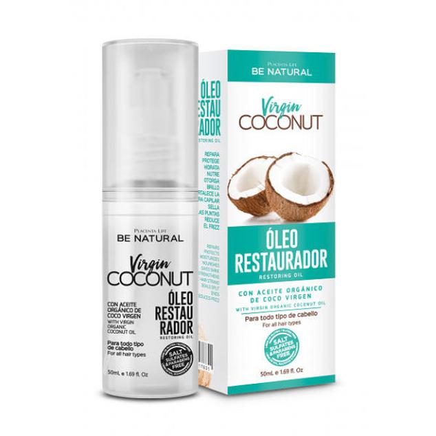 El Aceite Restaurador Virgin Coconut de Be Natural sella las puntas abiertas y reduce el encrespamiento.