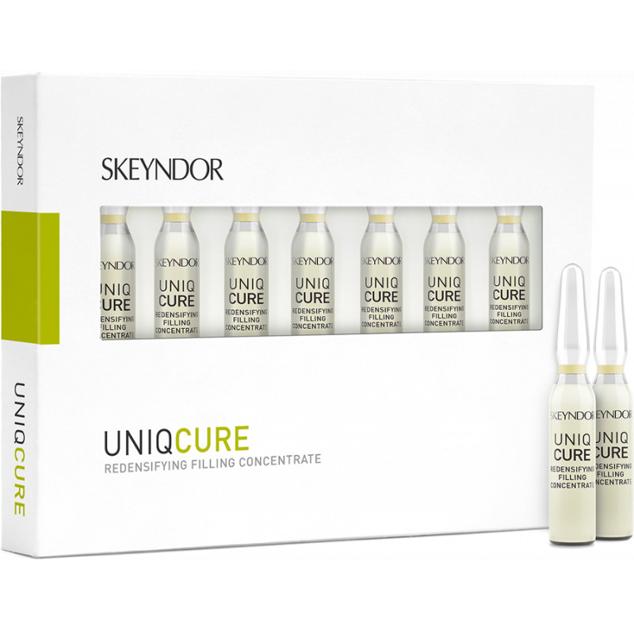 La gama Uniqcure cuenta entre sus productos con unas ampollas pensadas específicamente para las pieles más maduras. Redensifying Filling Concentrate realiza un efecto 3D en la piel que la rellena, mientras que la rejuvenece desde el interior gracias su fórmula con bakuchiol, proteoglicanos y colágeno hidrolizado. 