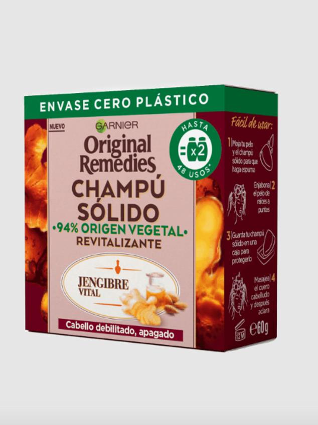 Jengibre Vital es un champú en formato sólido indicado para los cabellos debilitados. Con más de un 90% de ingredientes de origen natural, la combinación de jengibre y aceite de almendra devuelve vigor al cabello débil y que ha perdido brillo, mientras que lo nutre. (4,95 euros)