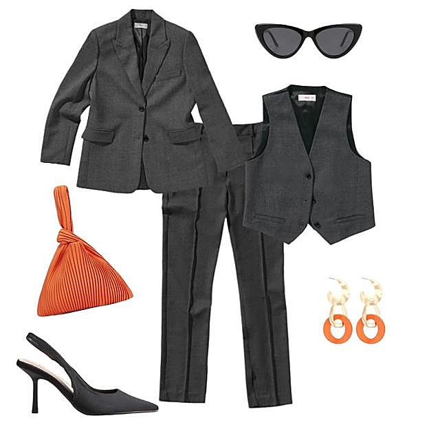 Americana, oantalón y chaleco de Mango, salones de Merkal Calzados, bolso de Shein, pendientes de Bijou Brigitte y gafas de sol de mó x Multiópticas.