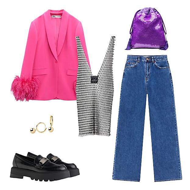 Blazer de Zara, top de red de Stradivarius, mocasines de Bershka, pendientes de P de Paola y pantalón de Pull&Bear.