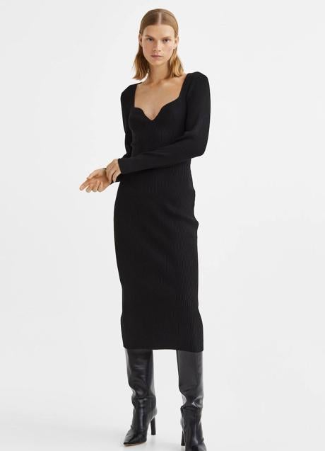 Imagen - Vestido midi en punto canalé con escote abierto negro