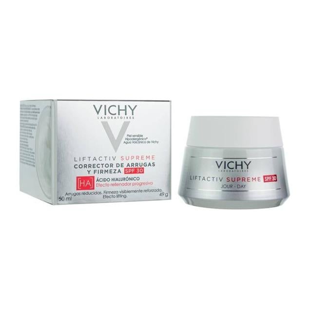 Liftactiv Supreme SPF30 de Vichy combate los signos de la edad al tiempo que protege la piel, hidrata en profundidad, unifica el tono, corrige manchas y proporciona un efecto relleno progresivo y lifting. Esto se consigue a través de la combinación de varios tipos de ácido hialurónico en diferente peso molecular y niacinamida. Cómpralo aquí