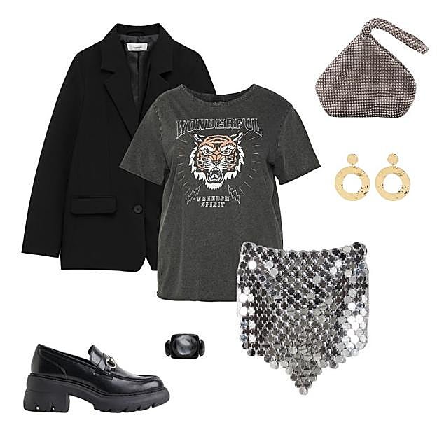 De izq. a dch. Blazer de Pull&Bear, mocasines de H&M, camiseta de Only, anillo de Ekseption, pendientes de Malababa, bolso de Forever New y falda de Bershka.