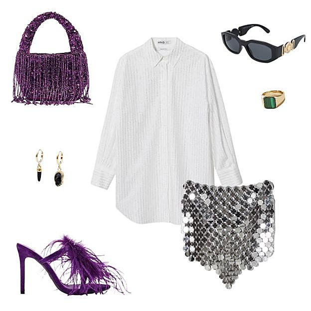 De izq. a dch. Camisa de Mango, sandalias y bolso de Zara, anillo de Ana Luisa, pendientes de Isabel Marant, gafas de Versace y falda de Bershka.