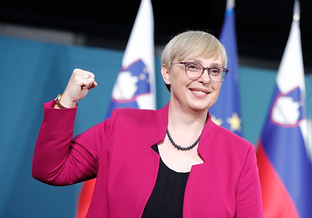 LJUBLJANA, SLOVENIA - 2022/11/13: President elect Natasa Pirc Musar gestures after winning the runoff presidential elections. Natasa Pirc Musar won the runoff presidential elections to become the first female president of Slovenia. She ran against Anze Logar. The results are not final - votes by mail still need to be counted. (Photo by Luka Dakskobler/SOPA Images/LightRocket via Getty Images)