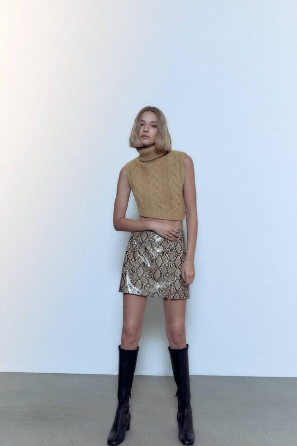 Minifalda en tejido efecto piel con corte evasé, tiro alto y grabado de estampado animal de serpiente, de Zara. Hazte con ella por 19,95 euros.