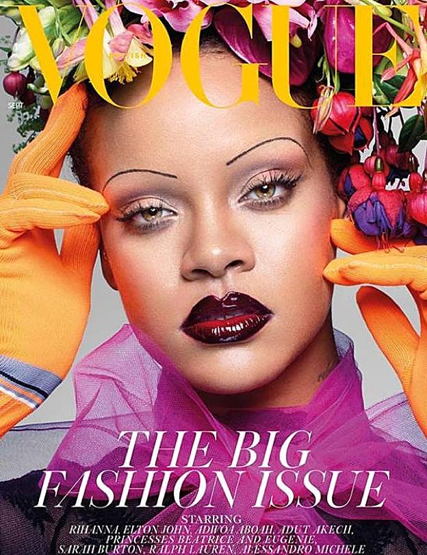 Rihanna en la portada de British Vogue con las cejas ultra finas.