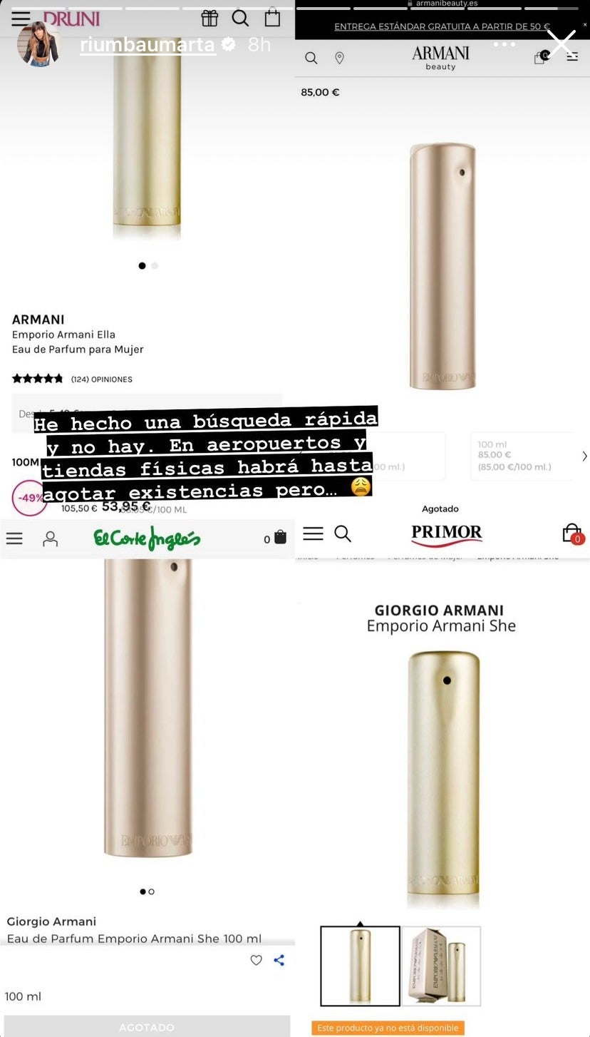 Imagen - La influencer Marta Riumbau comentando a sus seguidores que no encuentra el perfume She de Emporio Armani. Foto: @martariumbau.