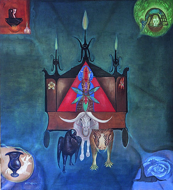 Leonora Carrington, Molly Malone's Chariot, 1975. Óleo sobre lienzo, 110 x 100 cm. Colección particular. Cortesía ARTVIA. 