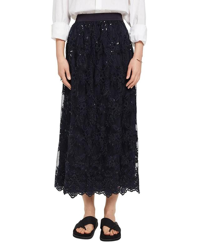 Falda midi en tejido de encaje con tiro alto y detalle de lentejuelas a tono, color negro, de Esprit Collection. La encontrarás en El Corte Inglés a 149,99 euros.