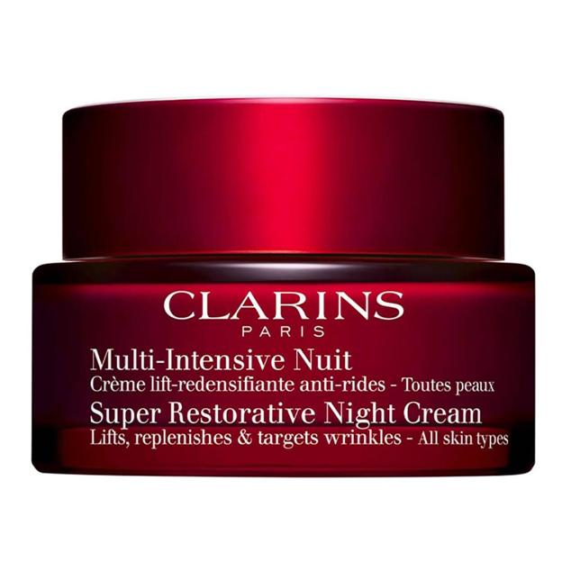 Multi-Intensive Nuit de Clarins ofrece beneficios intensivos antiedad para pieles maduras en estado de menopausia. Aporta un efecto antiarrugas, lifting y redensificante al luchar contra los cambios hormonales y el deterioro ligados a la edad. Esto lo consigue a través del extractor orgánico de harungana tan potente como el retinol para estimular el colágeno, elastina y ácido hialurónico. Y, el extracto de gordex orgánico con acción anti-flacidez.
