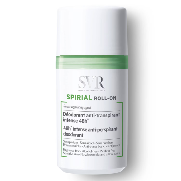 Spirial Roll-On Deodorant de SVR tiene una eficacia de 48h incluso en situaciones extremas. Se trata de un producto de alta tolerancia formulado con alta concentración de agentes reguladores del sudor que controla la transpiración, absorbe la humedad y combate los malos olores. Lleva Clorhidrato de aluminio, la forma más tolerada de sales de aluminio para regular la tranpiración de forma duradera y absorber la humedad.