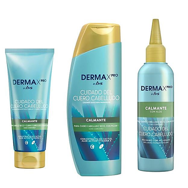 Línea Calmante para cuero cabelludo seco y con picores, de H&S. De izqueirda a derecha, acondicionador, champú y bálsamo con aclarado.