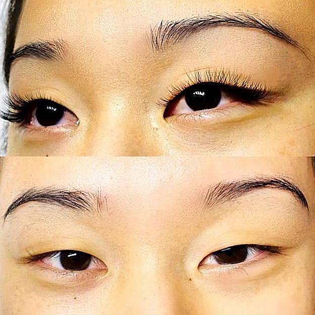 Antes y después de pestañas con volumen ruso