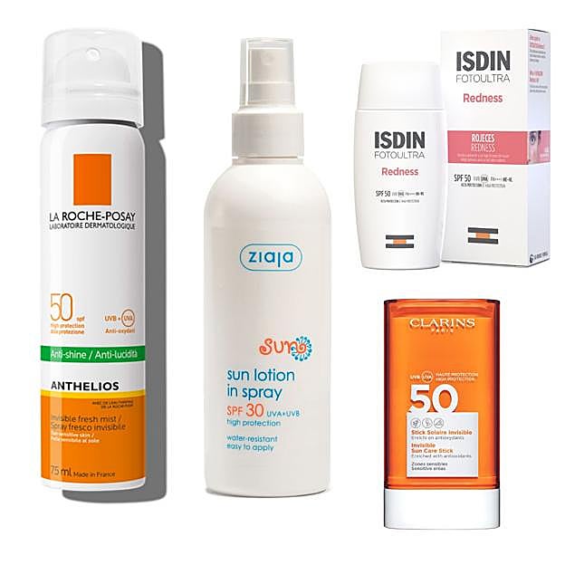 De izquierda a derecha, Anthelios en formato spray con SPF 50 de La Roche-Posay / Loción solar SPF 30 de Ziaja / Fotoultra SPF 50 especíifico para pieles sensibles de Isdin / Stick solar SPF 50 de Clarins.