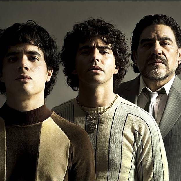Los actores que encarnan a Maradona en tres epocas diferentes de su vida.