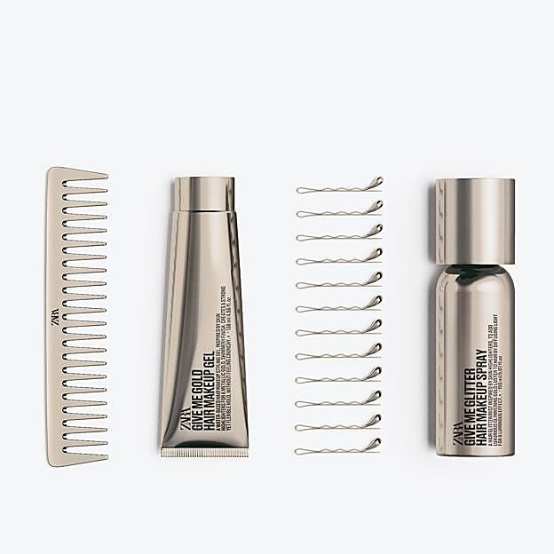 Los cuatro productos de la colección de pelo de Zara. (Peine, gel, horquillas y spray dorado).