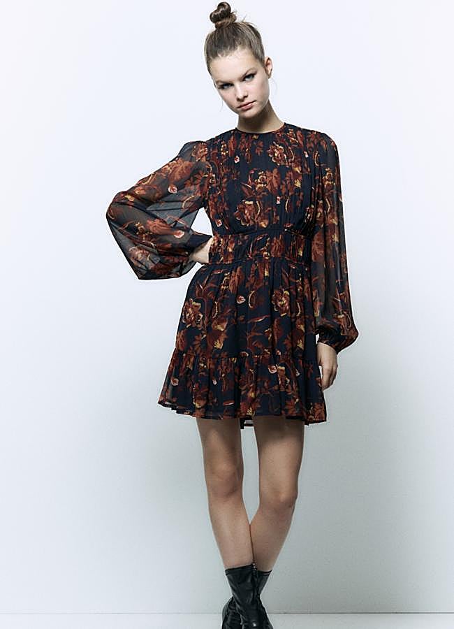 Imagen - Vestido mini de manga larga con flores estampadas y fruncidos de Sfera