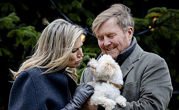 Los reyes Máxima y Guillermo con su mascota Mambo. 