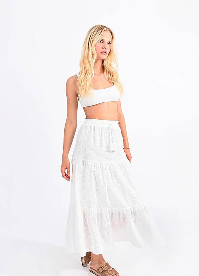 Imagen - Falda larga con bordado inglés en blanco