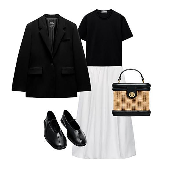 Estilismo con falda blanca y prendas de Zara