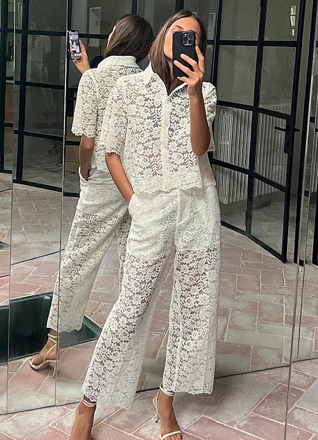 Imagen - Conjunto de encaje color blanco con camisa y culottes