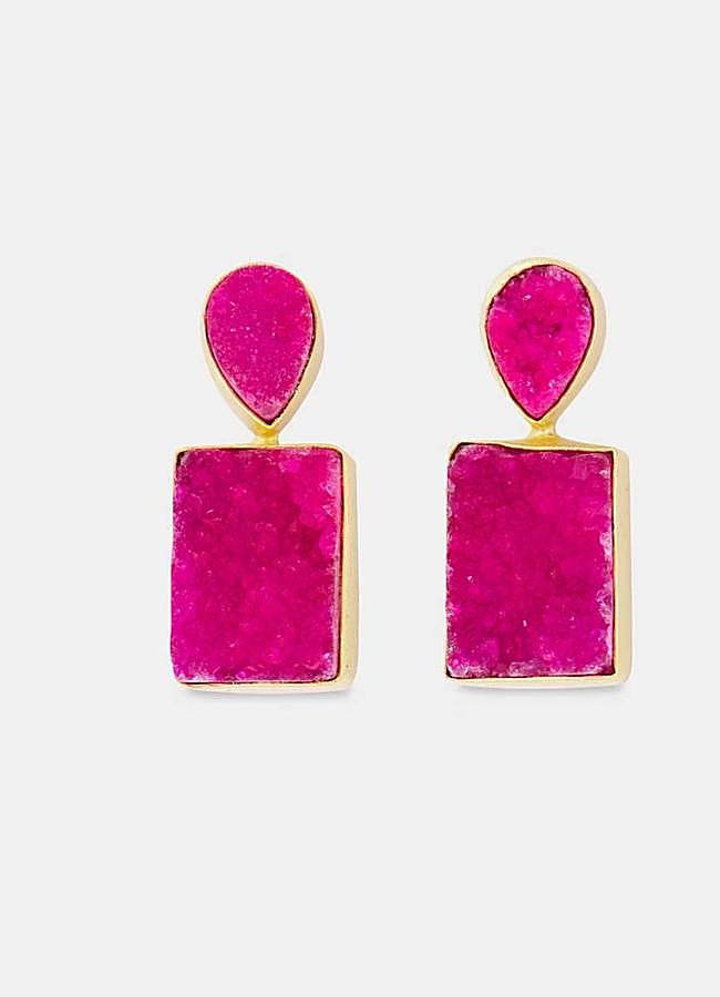 Imagen - Pendientes cuadrados rosa en cuarzo y metal dorado