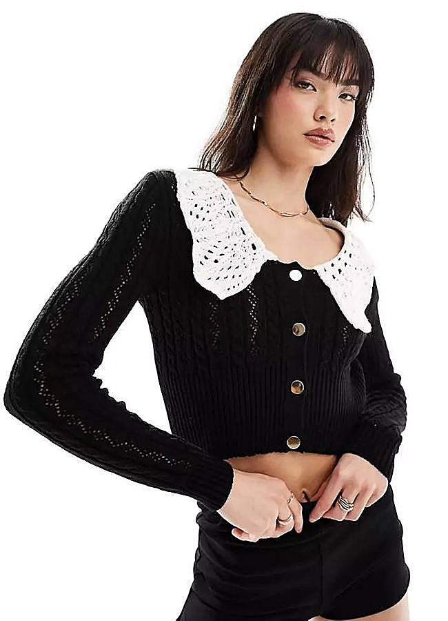 Imagen - Cárdigan de crochet con cuello a contraste en blanco y negro