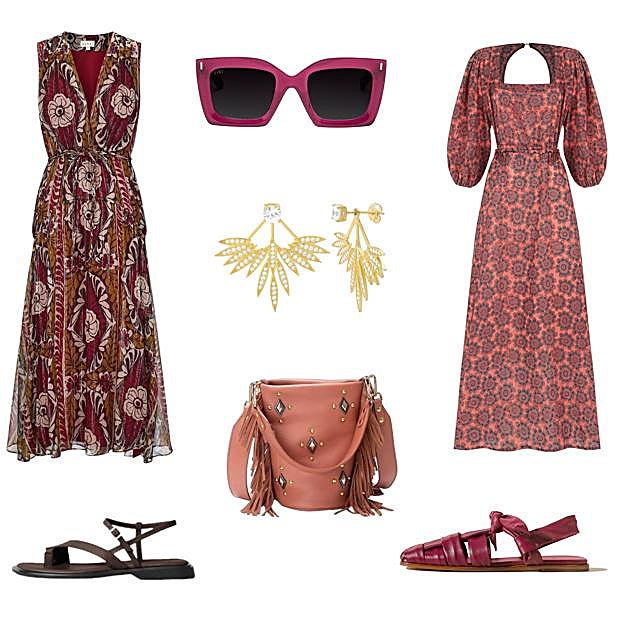 Vestido Paige sin mangas de MAKSU (275 €). Gafas de sol cuadradas, de TIWI (82 €). Vestido de manga larga y espalda abierta, de PAR Y ESCALA (125 €). Sandalia en piel, de HEREU (470 €). Bolso Candy, con flecos, de MERCULES (215 €). Sandalia Izzy, en cuero, de VAGABOND (100 €). Pendientes chapados en oro, de BRIANA (72, 95 €). 