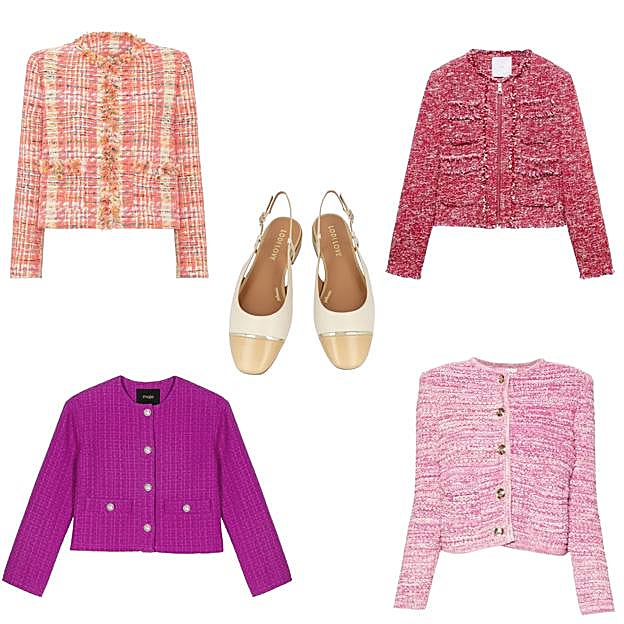 Chaqueta de tweed de colores jaspeada, de MIRTO (545 €). Chaqueta con cierre de cremallera, de MANGO (69, 99 €). Chaqueta elástica y ajustada, con botones dorados, de BA&SH (309 €). Chaqueta fucsia, de MAJE (315 €). Zapatos destalonados bicolor, de LODI (119 €). 