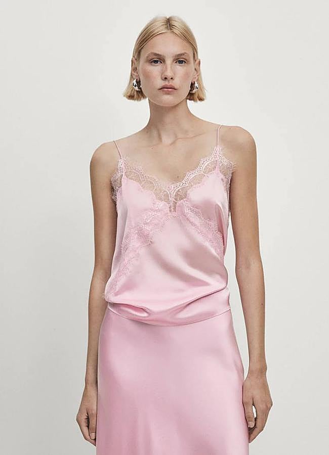 Imagen - Top lencero satinado con encaje en rosa