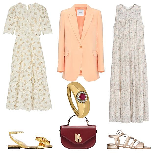 Vestido con calados en forma de flores, de SANDRO (465 €). Chaqueta sastre fluida, de MIRTO (209, 30 €). Vestido largo sin mangas, de INDI & COLD (104, 30 €). Sandalias planas en piel dorada, de MASCARÓ (161, 40 €). Bolso de piel con detalle dorado, de BA&SH (295 €). Sandalias Bow en piel dorada, con lazo maxi, de ADEBA (169 €). Anillo en oro de 9 kilates con rubí y circonitas, de BEA SOLDADO (175, 95 €). 