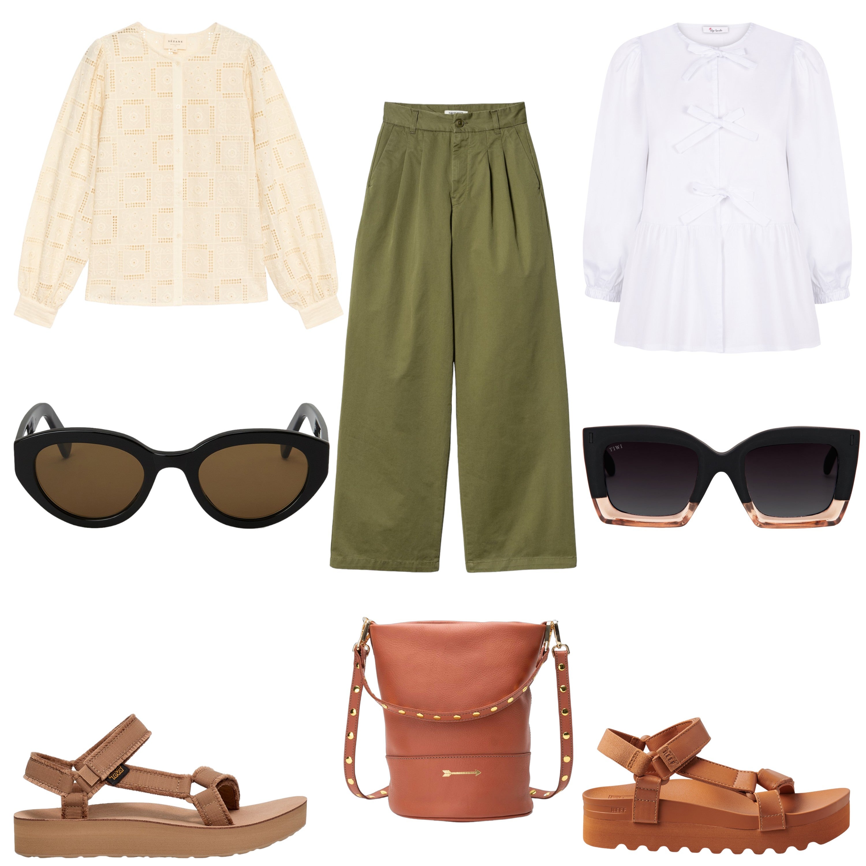 Blusa de manga larga bordada y con calados, de SÉZANE (100 €). Pantalón en algodón muy ancho, de CARHARTT WIP (109 €). Blusa con lazadas, de ALGO BONITO (20, 99 €). Gafas de sol bicolor, de TIWI (82 €). Sandalias con tiras de piel y suela XL, de REEF (55, 99 €). Bolso Tango, en piel y estrellas y dorados, de MERCULES (210 €). Sandalias con tiras y velcros, de TEVA (CPV). Gafas de sol POMANDÈRE (159 €). 