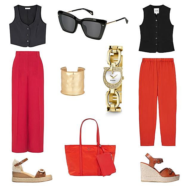 Chaleco sastre, de PRIMARK (14 €). Gafas de sol con patilla dorada, de POLICE (179 €). Chaleco tipo sastre, de COS (69 €). Pantalón ancho rojo, de POMANDÈRE (305 €). Alpargatas Olga, en piel con hebillas, de TONI PONS (95 €). Bolso tipo shopper, de PARFOIS (23, 99 €). Alpargatas con pulsera al tobillo, de PITILLOS (79, 95 €). Pantalón de lino, de MIRTO (245 €). Brazalete dorado, de HUG & CLAU (15, 99 €). Reloj dorado tipo joya, de GUESS (239, 90 €). 