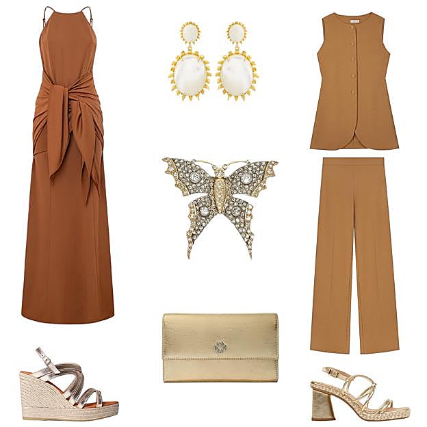 Vestido en crepé con escote halter y doble lazada multiposición, de MARTA MARTÍ (940 €). Pendientes en bronce con baño de oro y nácar, de BRIANA (128, 95 €). Chaleco (59, 50 €) y pantalón culotte tobillero en crepé (49, 50 €), de CHIRIBITA. Sandalias con suela de yute y tiras de piel metalizada, de GAIMO (95 €). Bolso de mano tipo cartera, en piel dorada, de MAJE (C.P.V.). Alpargatas Olimpia, en piel metalizada, con cuña maxi, de TONI PONS (95 €). Broche mariposa vintage, de estilo isabelino, de JOYAS ANTIGUAS SARDINERO (C.P.V.). 