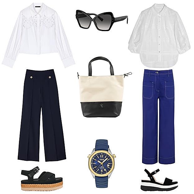 Camisa corta y calada, de MAJE (C.P.V.). Gafas de sol, de DOLCE & GABBANA (199 €). Blusón en voile de de algodón, de ROBERTO VERINO (268 €). Pantalón vaquero con costuras vistas, de SKFK (110 €). Sandalias con plataforma, de GEOX (93, 42 €). Reloj en acero con correa de caucho, de TOUS (399 €). Sandalias Aubrey con suela de plataforma en ante y rafia, de UGG (139, 95 €). Pantalón ancho con botones metálicos, de SANDRO (265 €). Bolso Ocean, en piel, de NAIARA ELGARRESTA (230 €). 