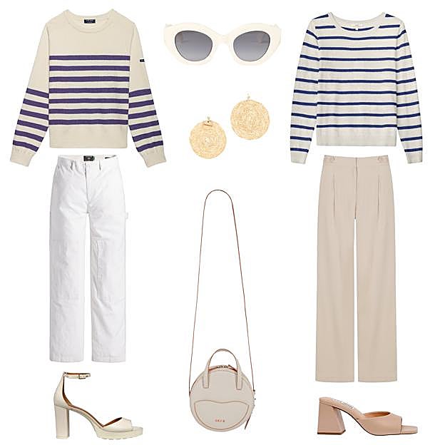 Sudadera en algodón y lana, de SAINT JAMES (105 €). Gafas de sol, de SIMORRA (168 €). Jersey de algodón orgánico, de YERSE (35, 95 €). Pantalón Ilia, ancho y de tiro alto, de SKFK (110 €). Sandalias con tacón, de STEVE MADDEN (59 €). Bolso Rodo, en piel reciclada, de SKFK (149). Sandalia con tacón cuadrado y pulsera al tobillo, de GEOX (111, 92 €). Pantalón ancho con cordón, de SANDRO (195 €). Pendientes de rafia, de ZAHATI (25 €). 